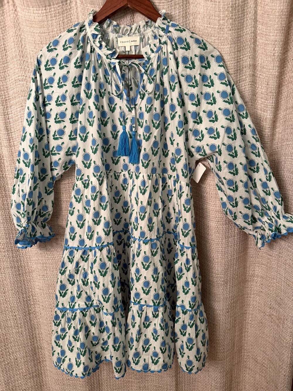 Entro Tiered Mini Dress Size Medium Blue Green Floral Ruffle Tassel